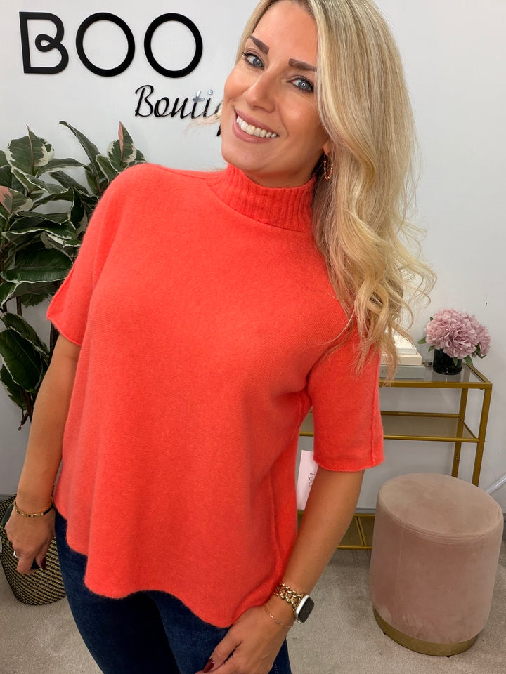 Ladies Fashion High Neck Soft Knit Short Sleeve Jumper coral