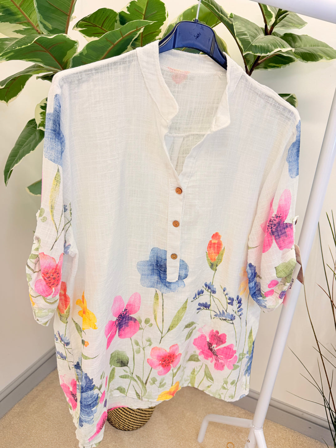 Ladies Fashion White Light Linen Flower Print Grandad Shirt Top