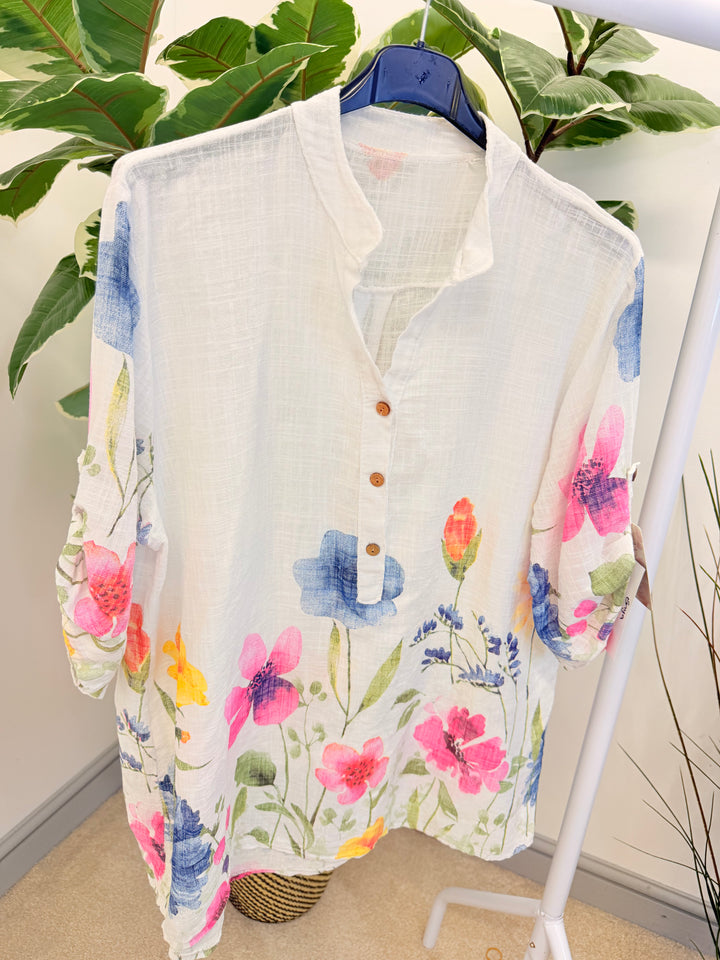 Ladies Fashion White Light Linen Flower Print Grandad Shirt Top