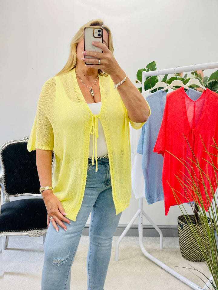 LADIES WOMENS FINE KNIT SUMMER HOLIDAY CARDIGAN - YELLOW, WHITE, CORAL & BLUE