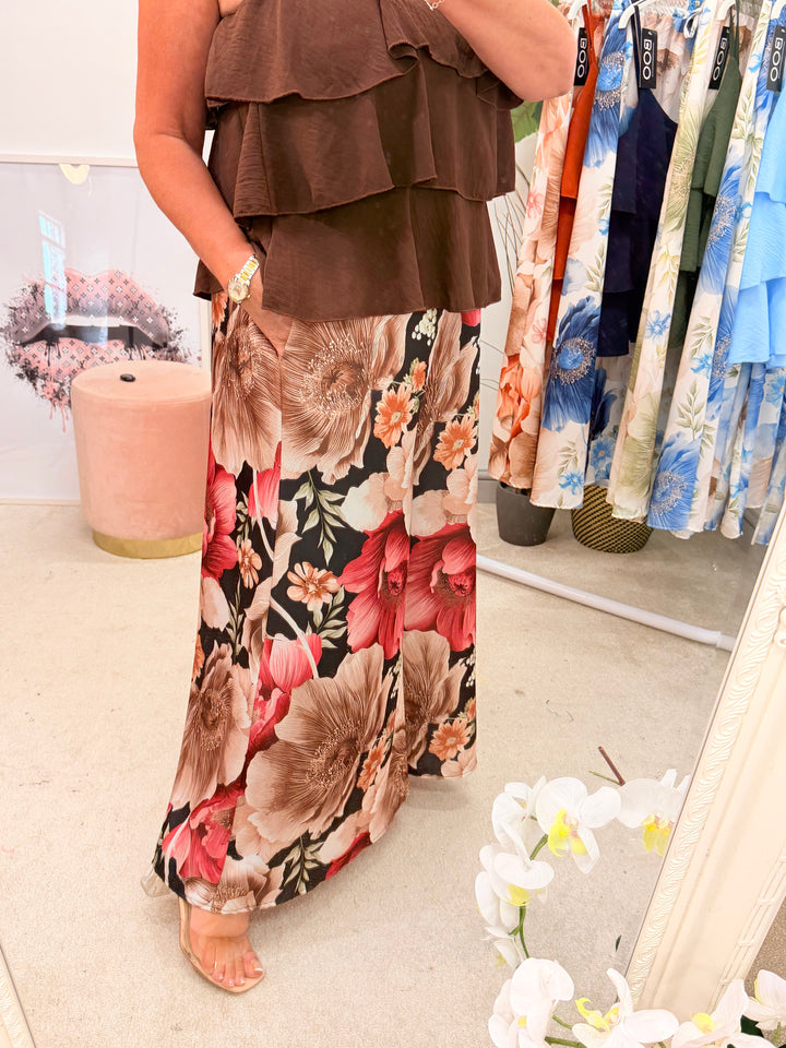 Ladies Satin Flower Print Wide Leg Trousers - Rust, Khaki, Pale Blue, Navy & Black