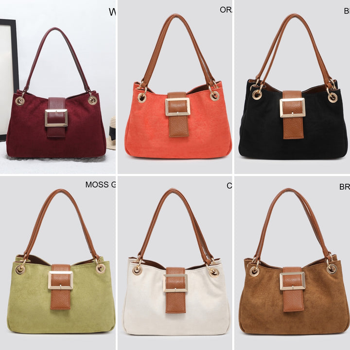 Ladies Fashion Faux Suede Small Tote Handbag - black, wine, cream, camel, orange, brown