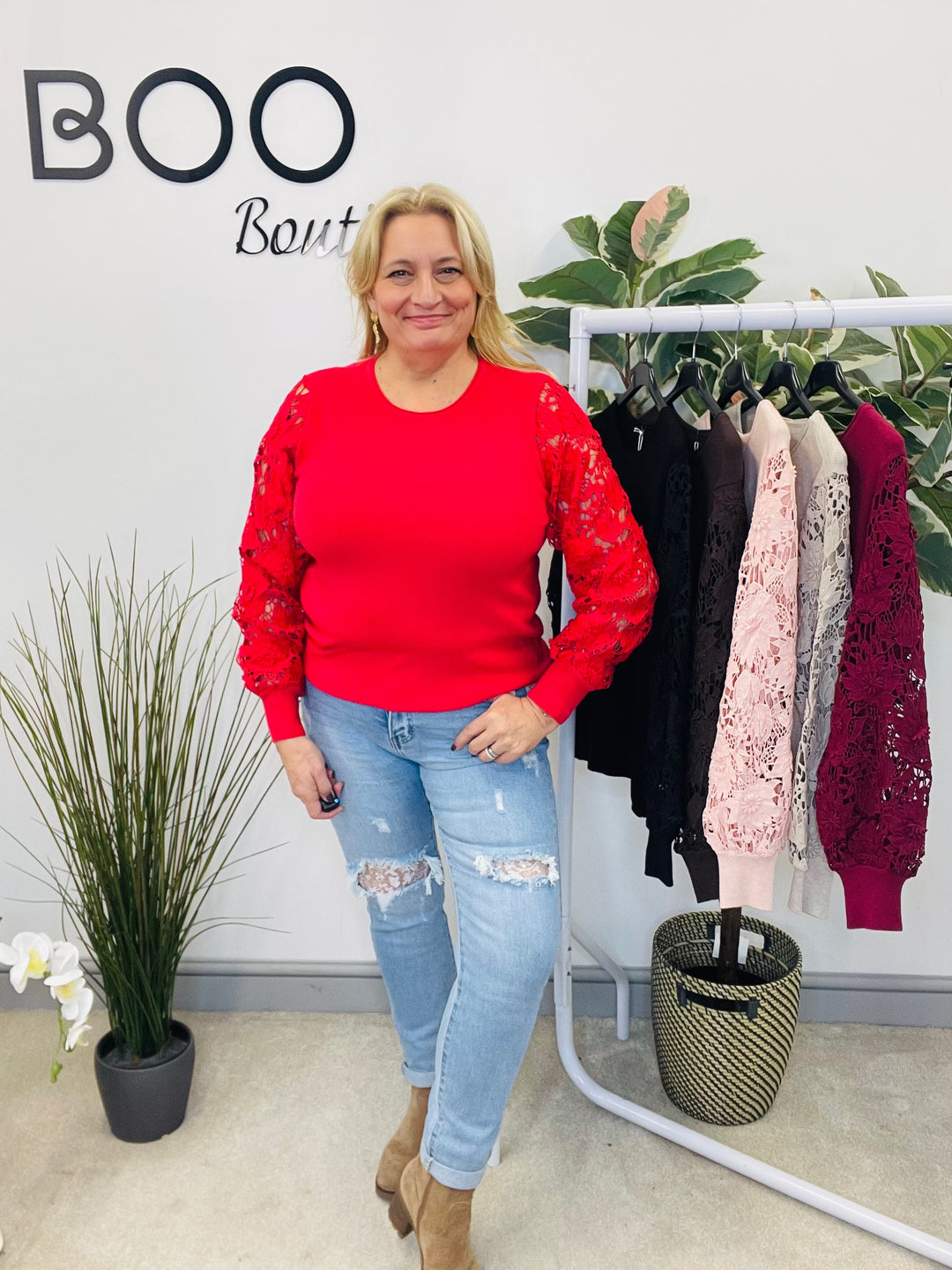 LADIES LACE SLEEVE JUMPER - BLACK, PINK, RED, BERRY,  BROWN & BEIGE