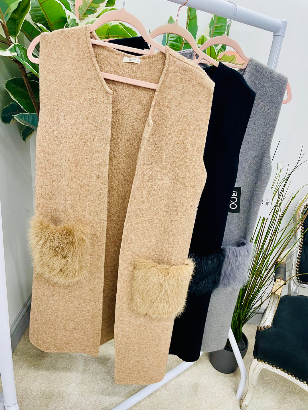 LADIES KNITTED LONGLINE SLEEVELESS CARDIGAN GILET - CAMEL, GREY & BLACK