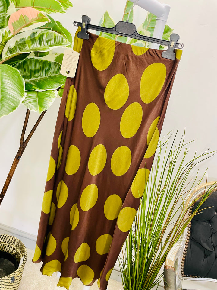 LADIES POLKA DOT SATIN MAXI SKIRT - CHOCOLATE BROWN, BURGUNDY & BEIGE