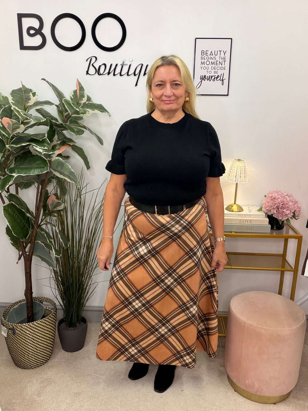 Ladies Fashion Inspired Check A Line Maxi Skirt - Black, Khaki & Camel