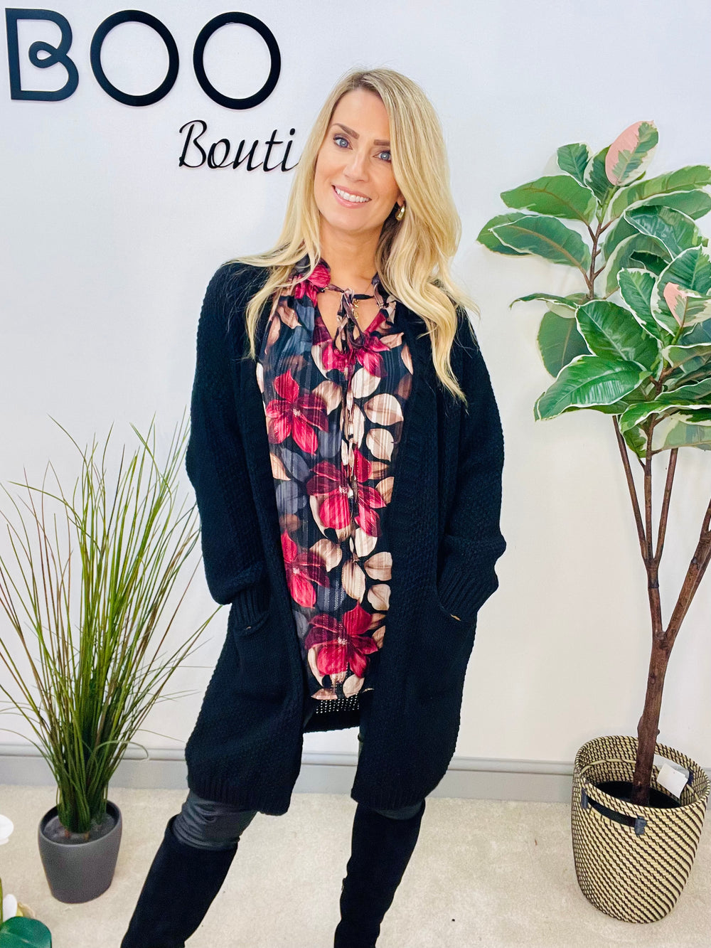 LADIES WAFFLE KNIT LONG LINE CARDIGAN - BLACK, BROWN & BEIGE