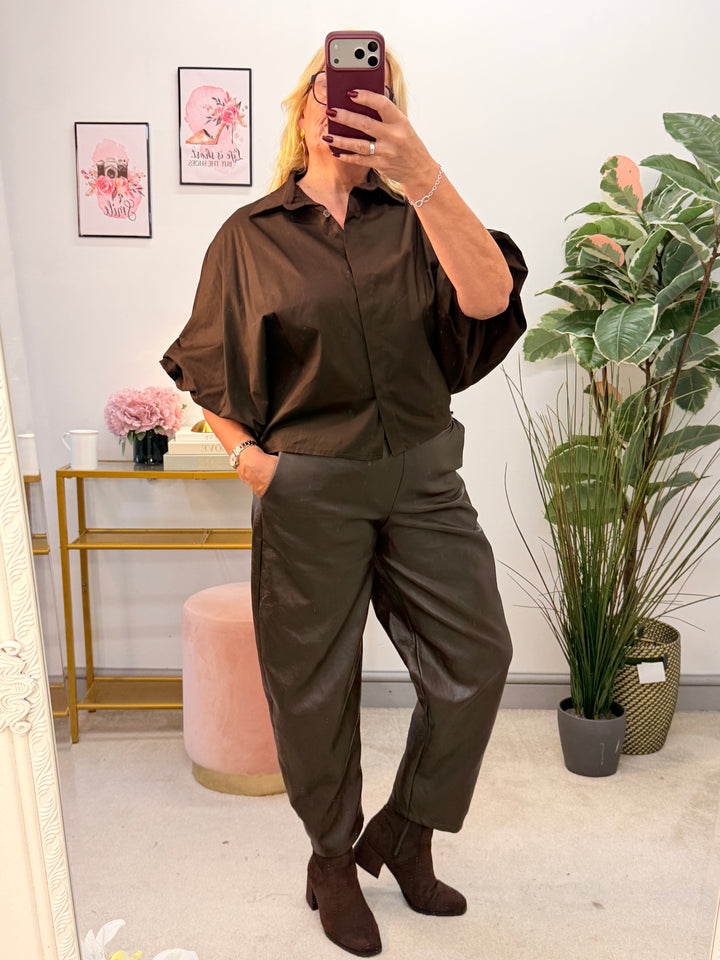 Women's Cotton Puff Sleeve Blouse Shirt Top - White, Burgundy & Brown
