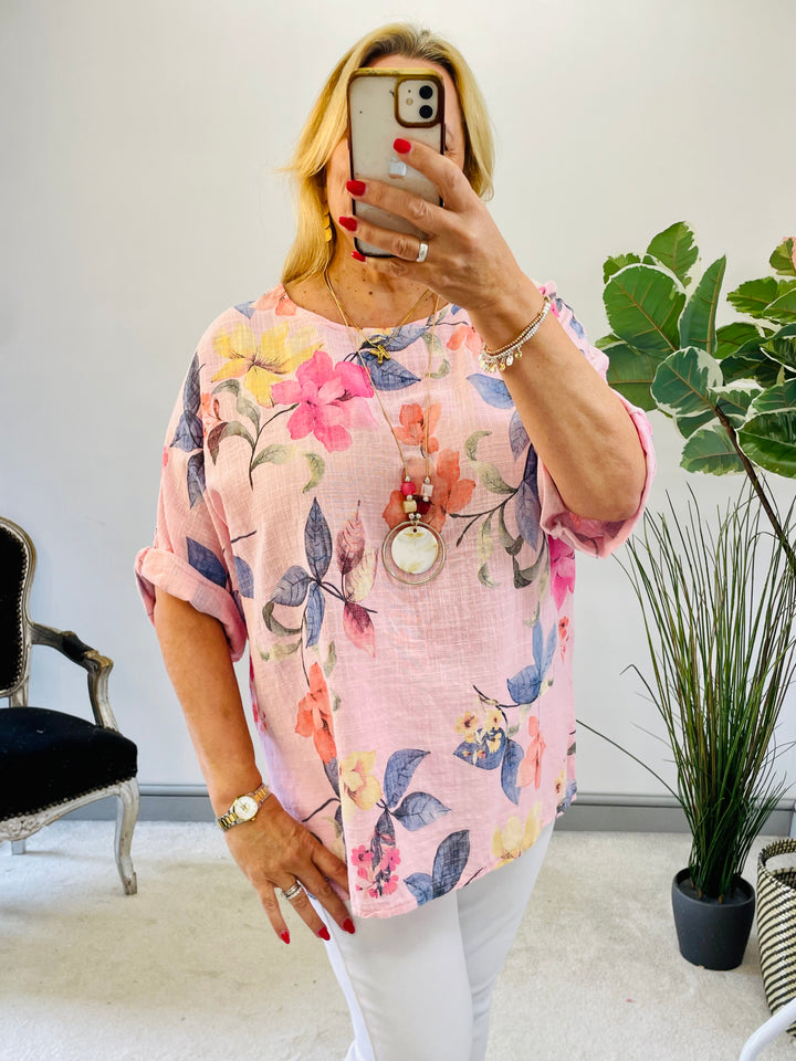 LADIES WOMENS FLORAL PRINT LINEN SUMMER TOP - PINK, ORANGE, BLUE, WHITE, YELLOW