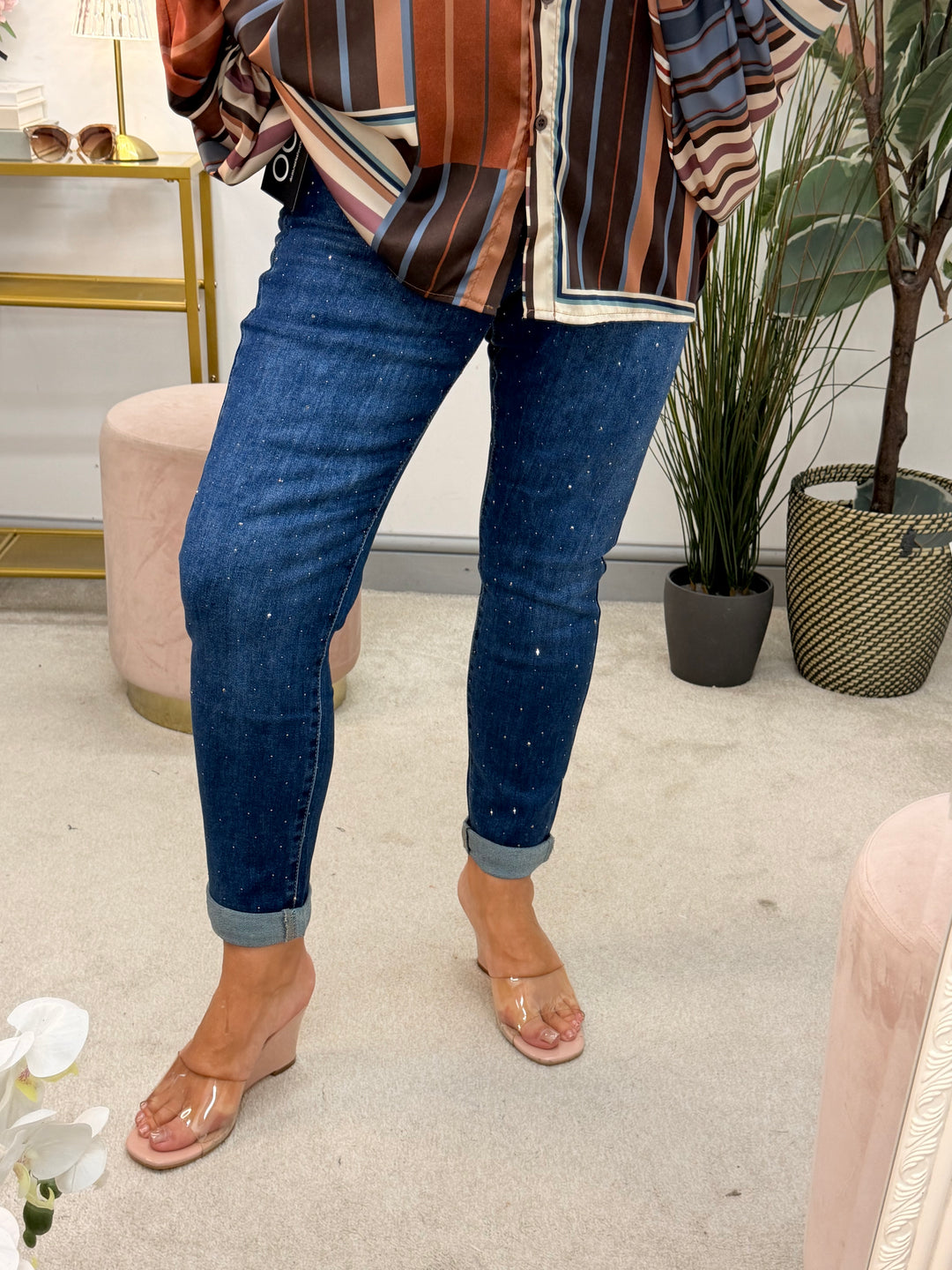 Ladies Fashion Diamante Mom Fit Blue Denim Jeans
