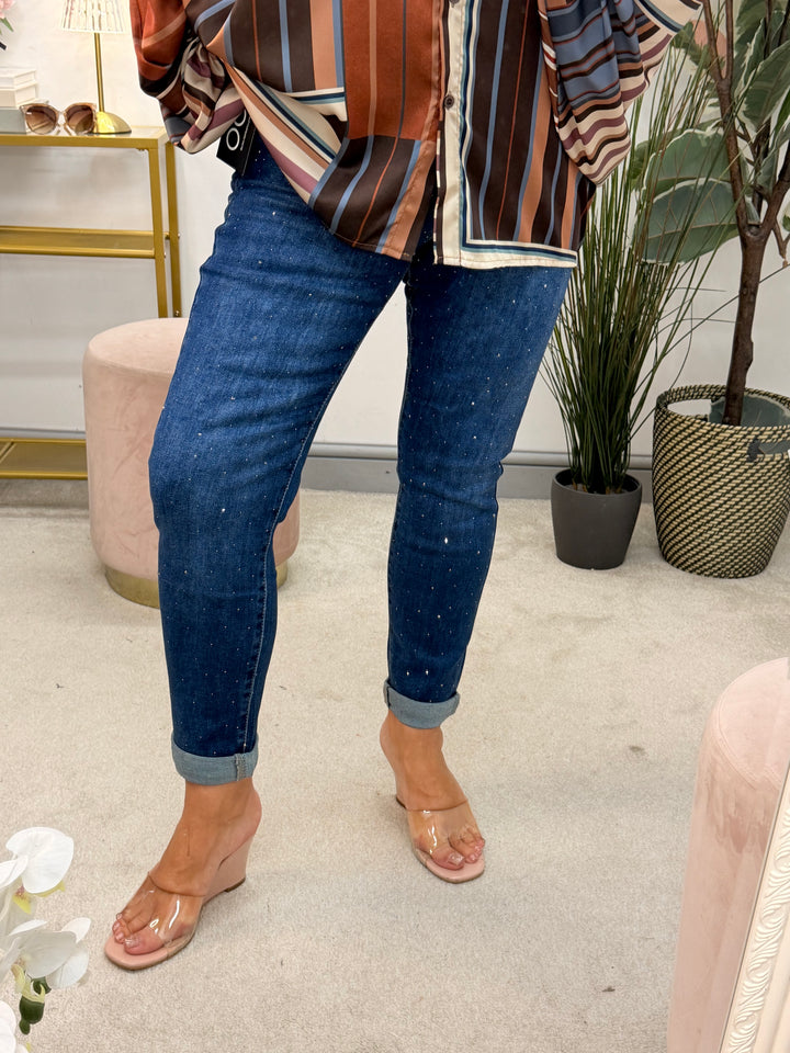 Ladies Fashion Diamante Mom Fit Blue Denim Jeans