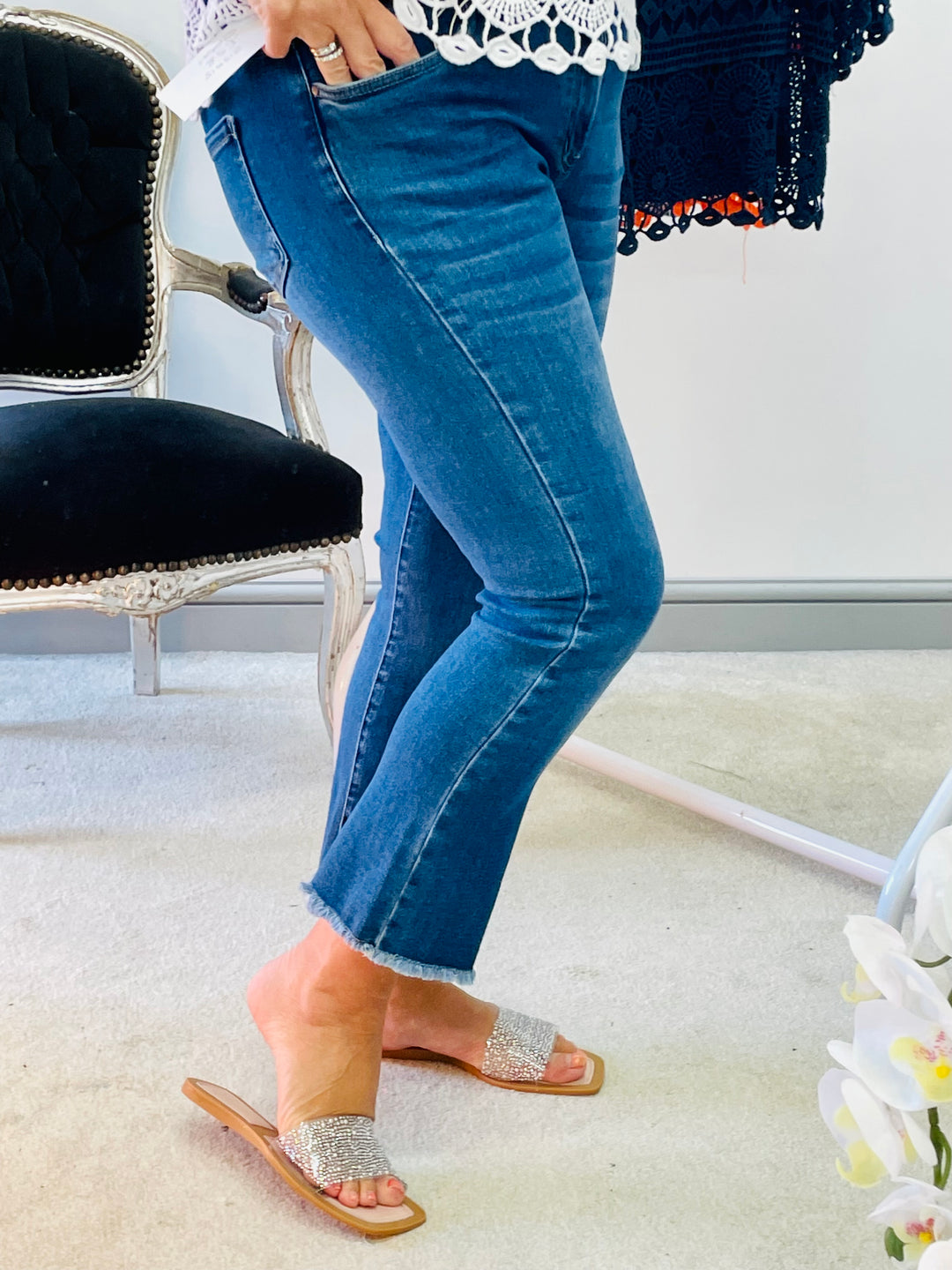 LADIES WOMENS BLUE DENIM ANKLE GRAZER SUMMER JEANS