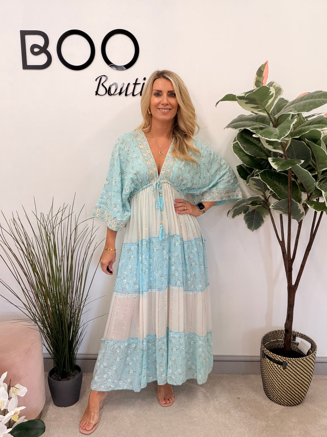 Ladies Fashion Boho Summer Maxi Dress - Pink, Cream, Mint & Blue