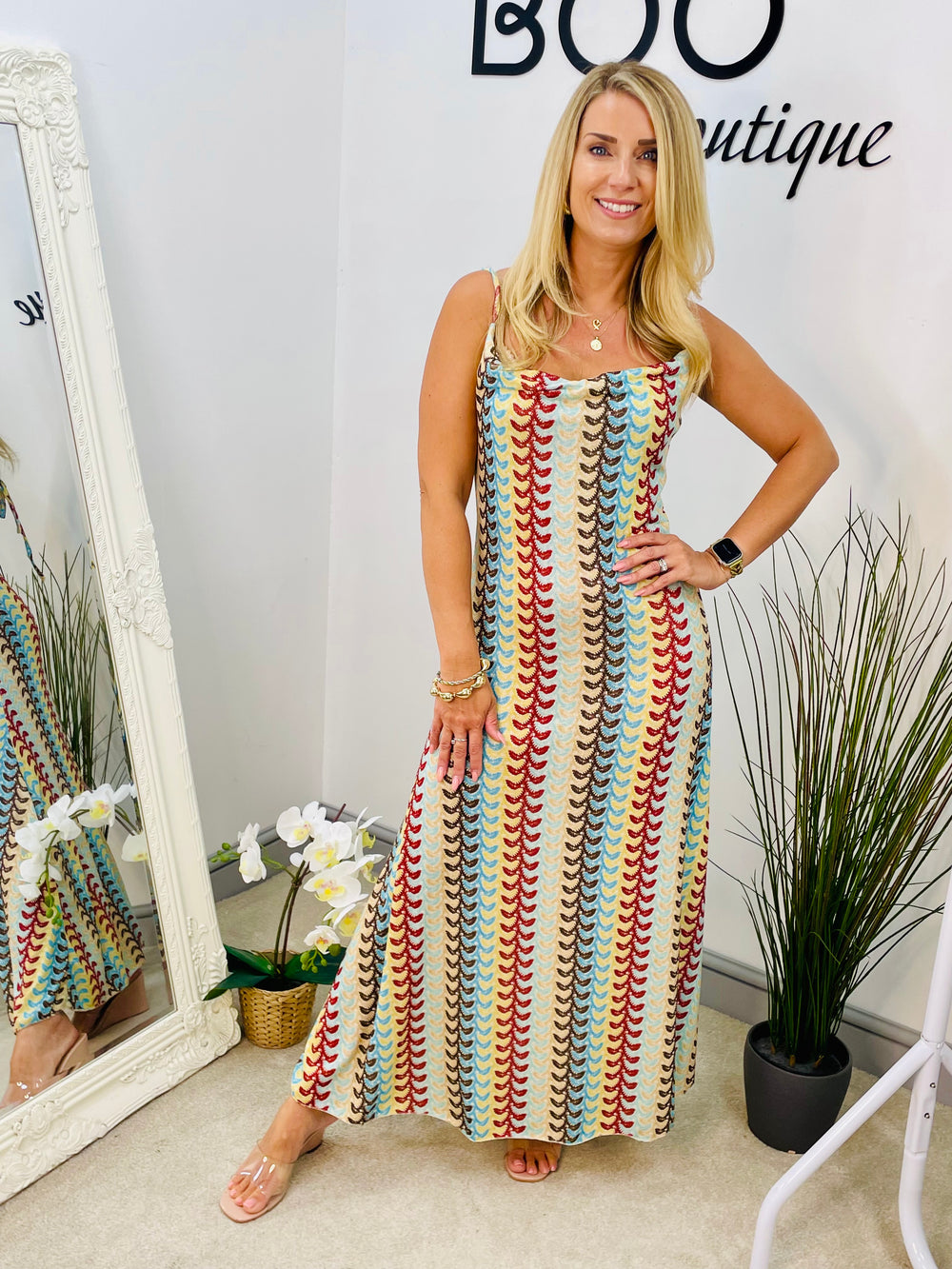 LADIES STRETCH INSPIRED PRINT SUMMER MAXI DRESS - BEIGE & RED