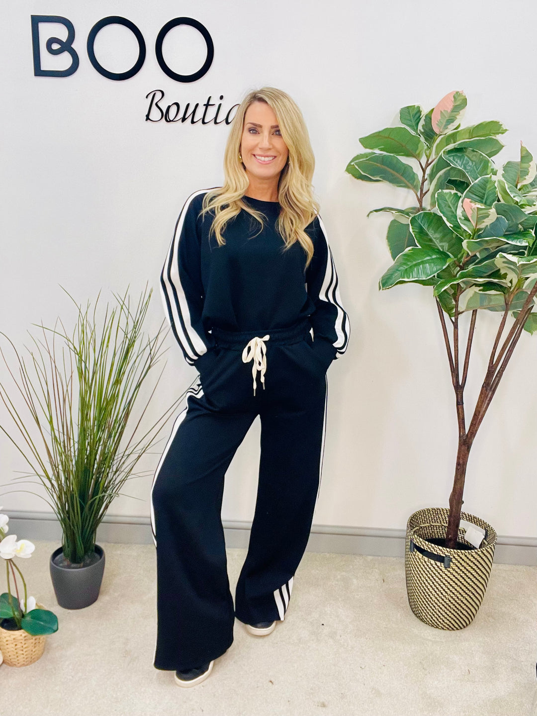 LADIES SPORTS LUXE STRIPE TROUSER CO ORD SET - BLACK, NAVY, KHAKI, MOCHA, BROWN