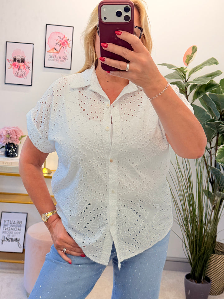 Ladies White Broderie Anglaise Summer Shirt Top