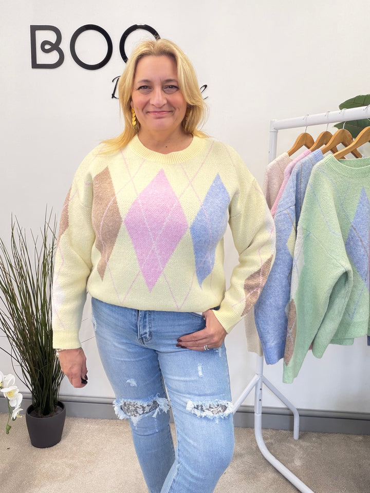 LADIES SOFT KNIT ARGYLE JUMPER - PINK, LEMON, BLUE, MINT & CREAM