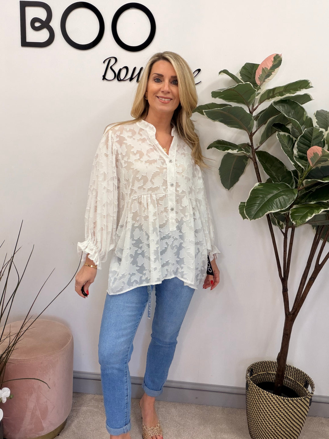 Ladies Fashion Smock V Neck Blouse Top - White, Lemon & Peach