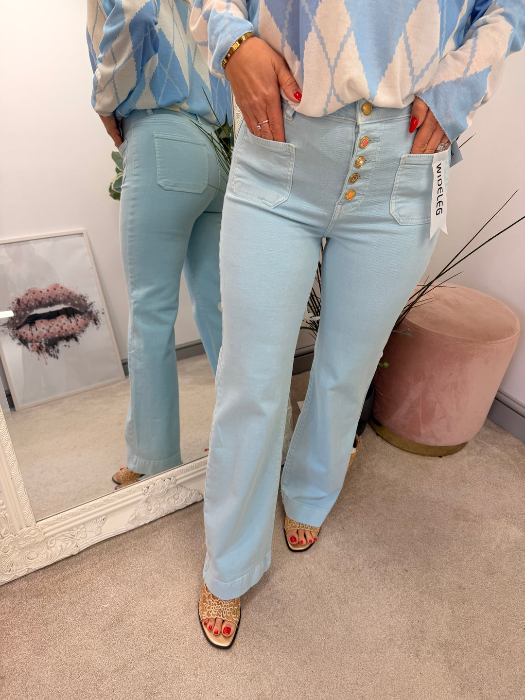 LADIES FASHION PALE BABY BLUE HIGH WAIST WIDE LEG JEANS