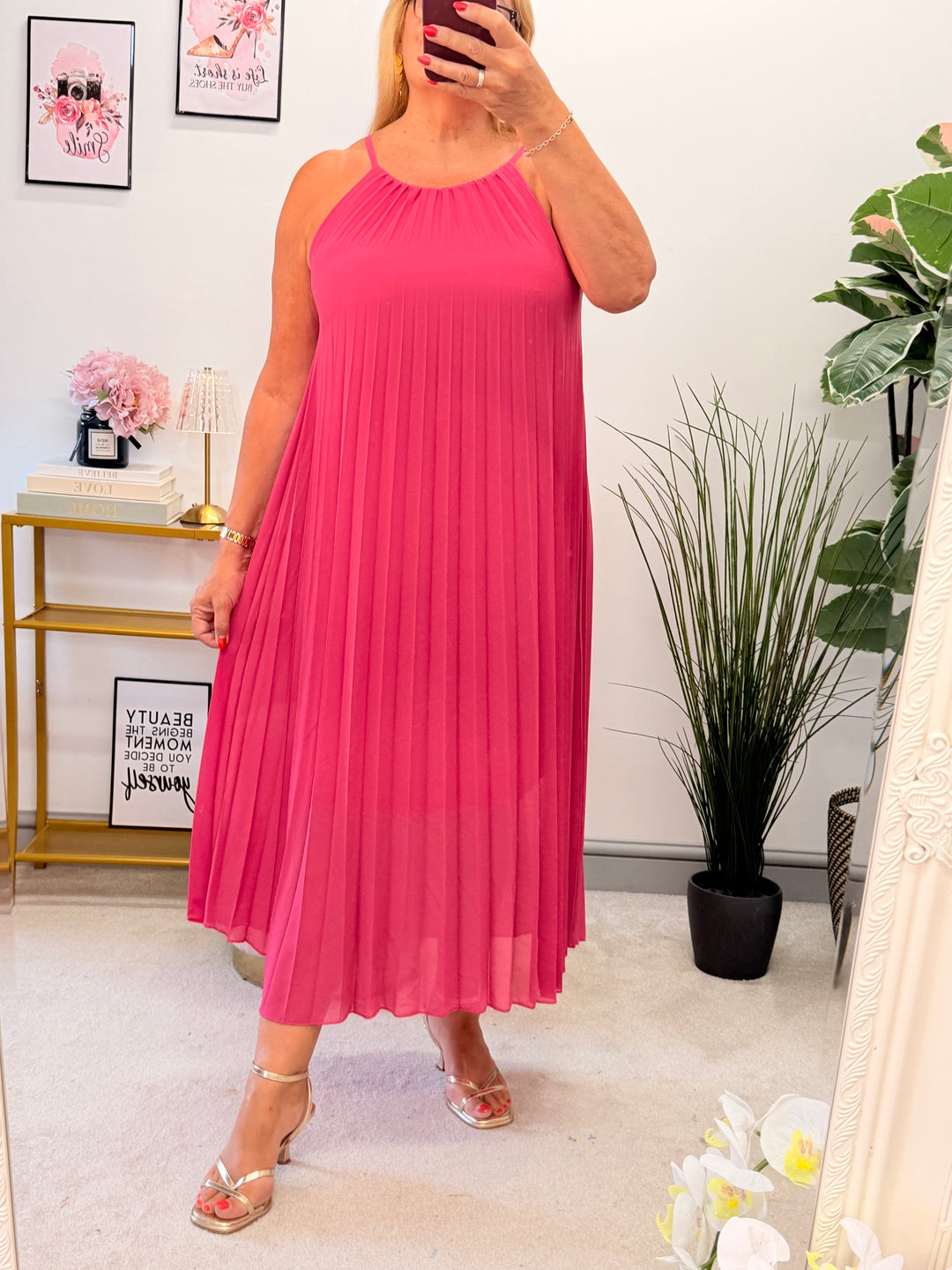 Ladies Chiffon Pleated Summer Maxi Dress - Red, Pink, Navy & White