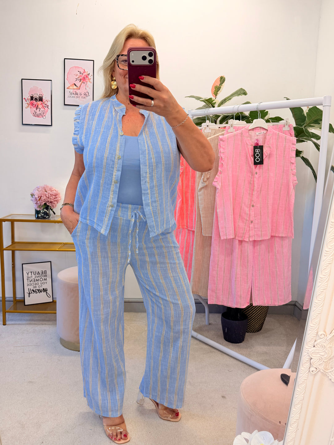 Ladies Stripe Trouser & Shirt Co Ord - Coral, Pink, Beige & Blue