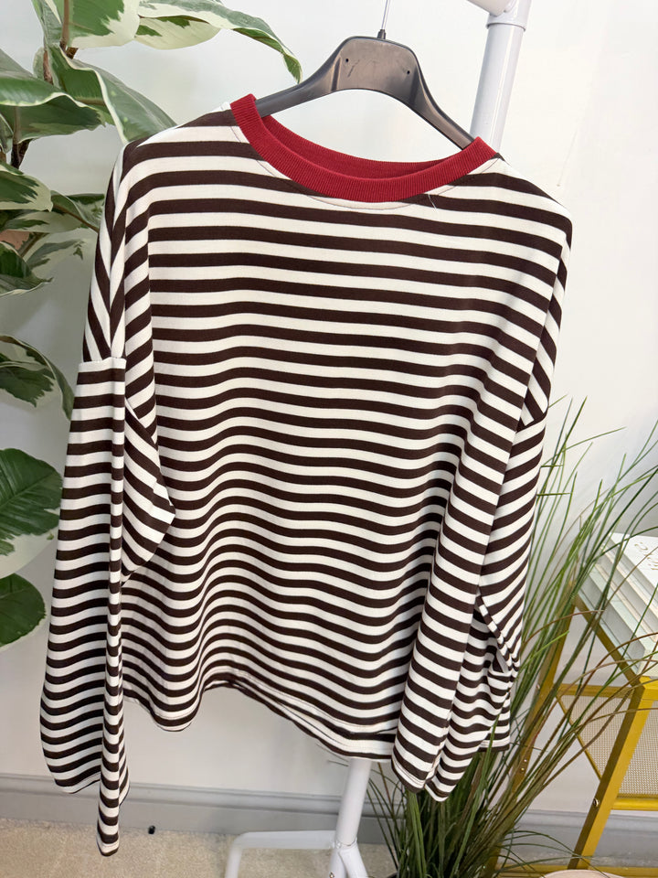 Women’s Stripe Long Sleeve Slouch Top - Wine, Navy, Pink, Brown