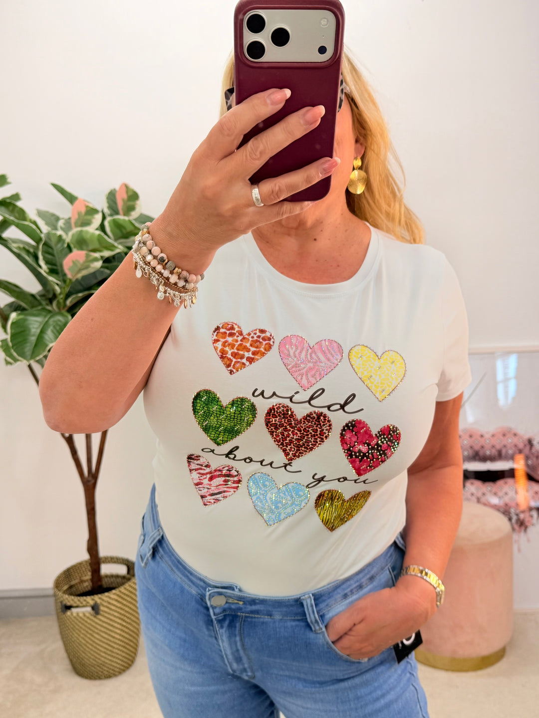 Ladies Stretch Sparkly Heart T Tee Shirt - Black & White