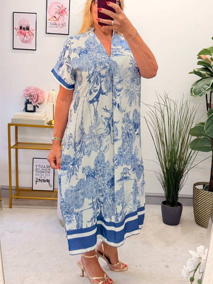 Ladies Jungle Print Loose Fit Summer Maxi Dress - Wine, Brown & Denim Blue