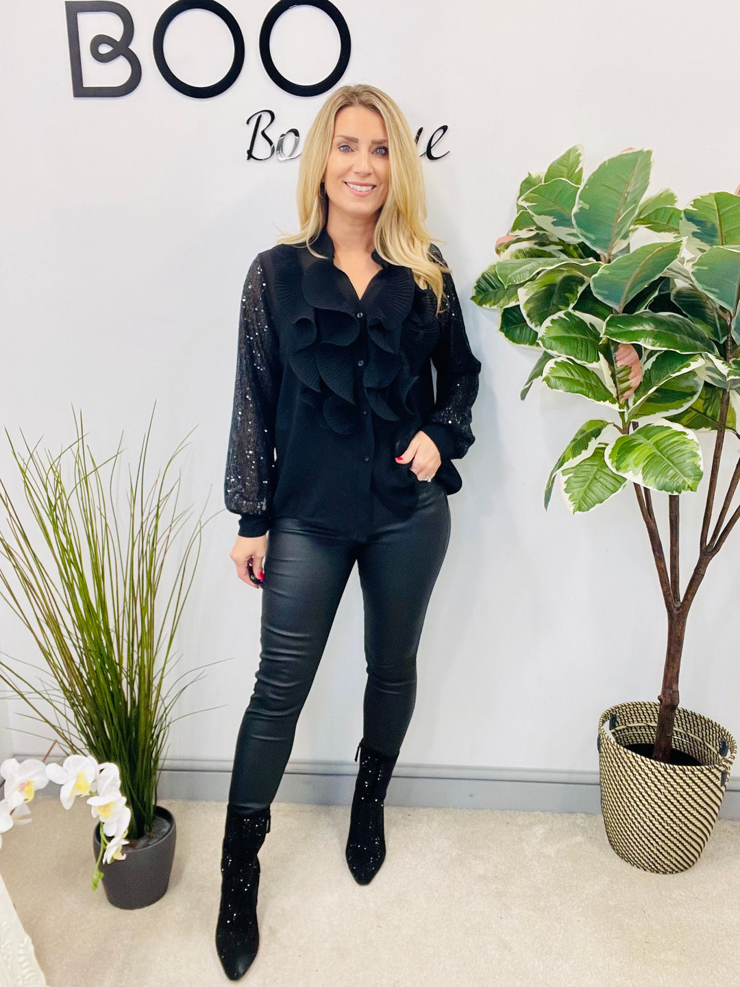 LADIES SEQUIN ARM FRILL BLOUSE - BLACK, SILVER, BERRY, BEIGE & BROWN