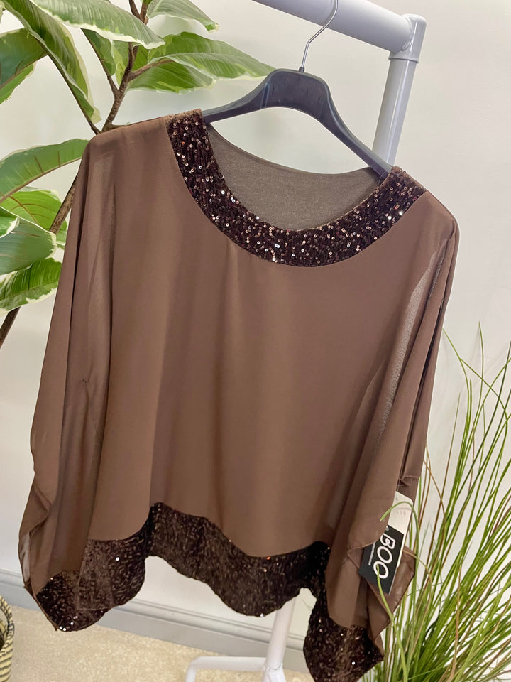 LADIES CHIFFON FLOATY SEQUIN PARTY TOP - BROWN, BLACK, BERRY
