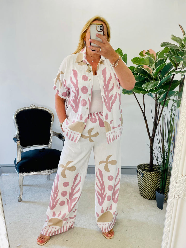 LADIES WOMENS PINK LINEN FEEL WIDE LEG TROUSER KIMONO CO ORD LOUNGESET SET 