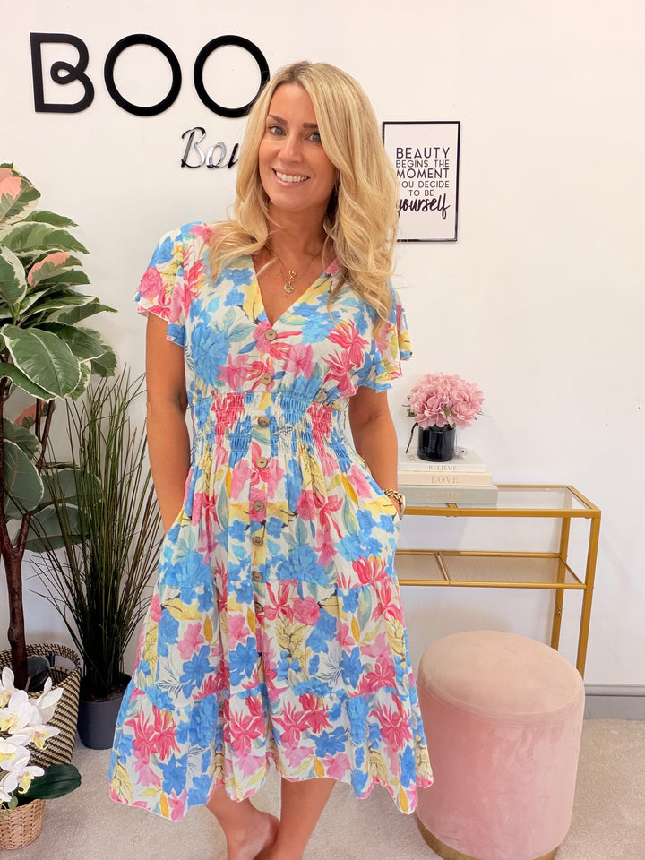 Ladies Floral Print Summer Magic Dress - Blue, Turquoise, Yellow & Green