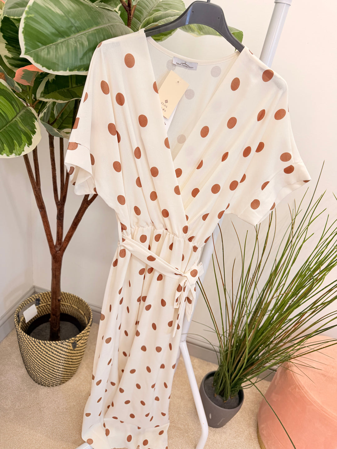 Ladies Polka Dot Wrap Midi Dress - Navy, Cream, Pink, Lemon & Pale Blue