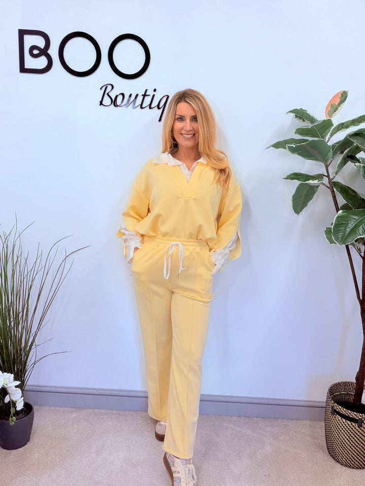 LADIES STRAIGHT LEG TROUSER CO ORD SET - LEMON, PINK, BEIGE, BLUE & BLACK