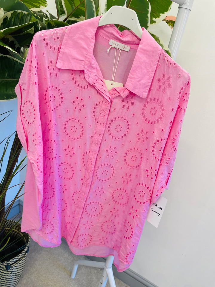 LADIES WOMENS BRODERIE ANGLAISE TOP SHIRT - WHITE, BLUE & PINK
