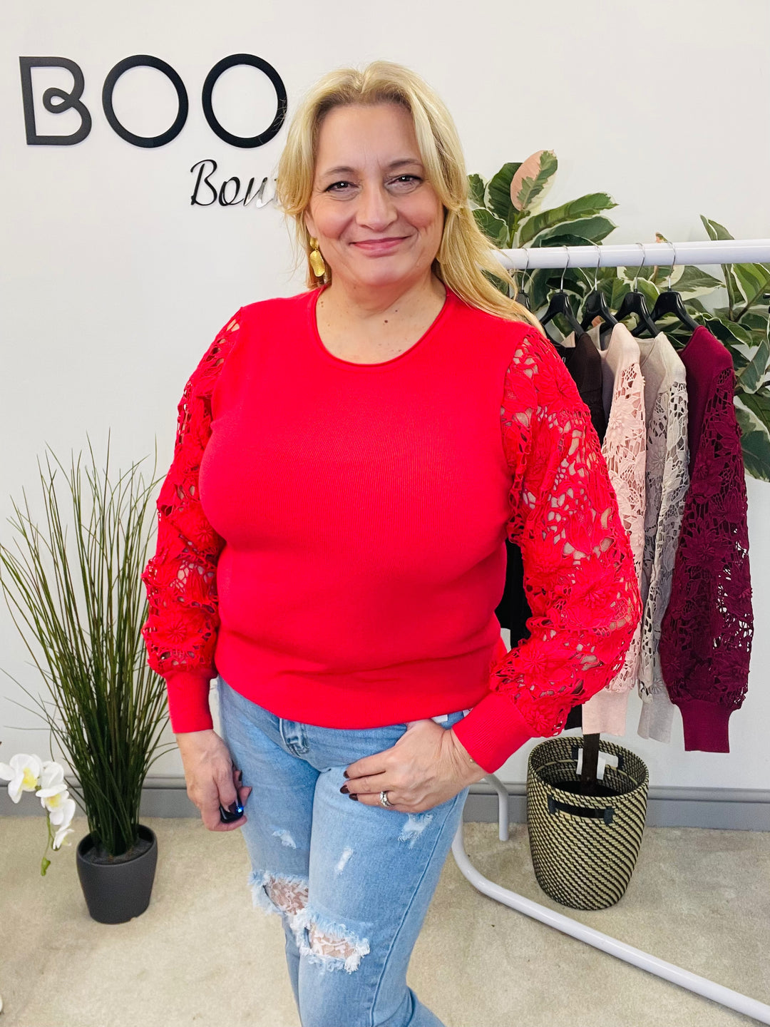 LADIES LACE SLEEVE JUMPER - BLACK, PINK, RED, BERRY,  BROWN & BEIGE