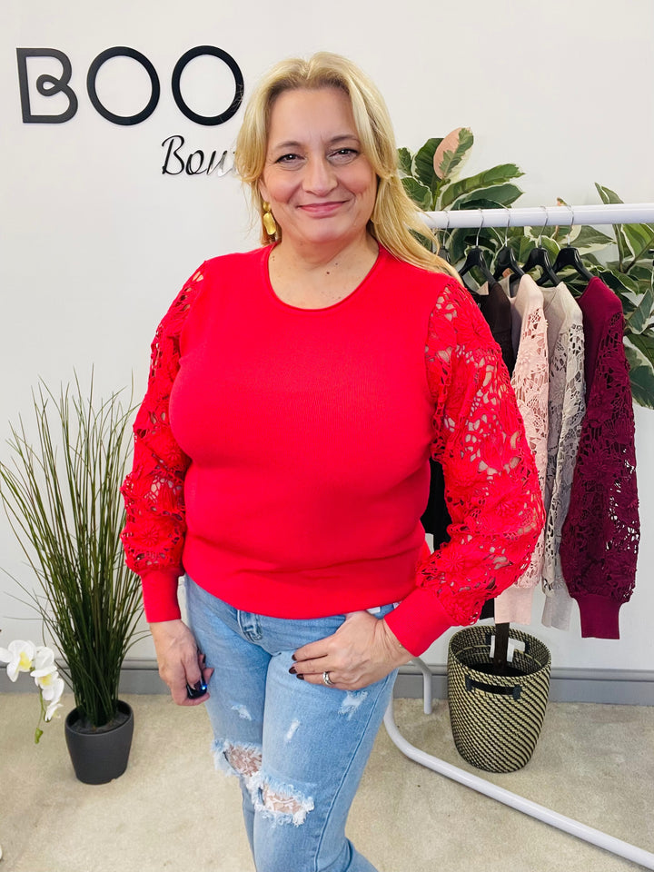 LADIES LACE SLEEVE JUMPER - BLACK, PINK, RED, BERRY,  BROWN & BEIGE