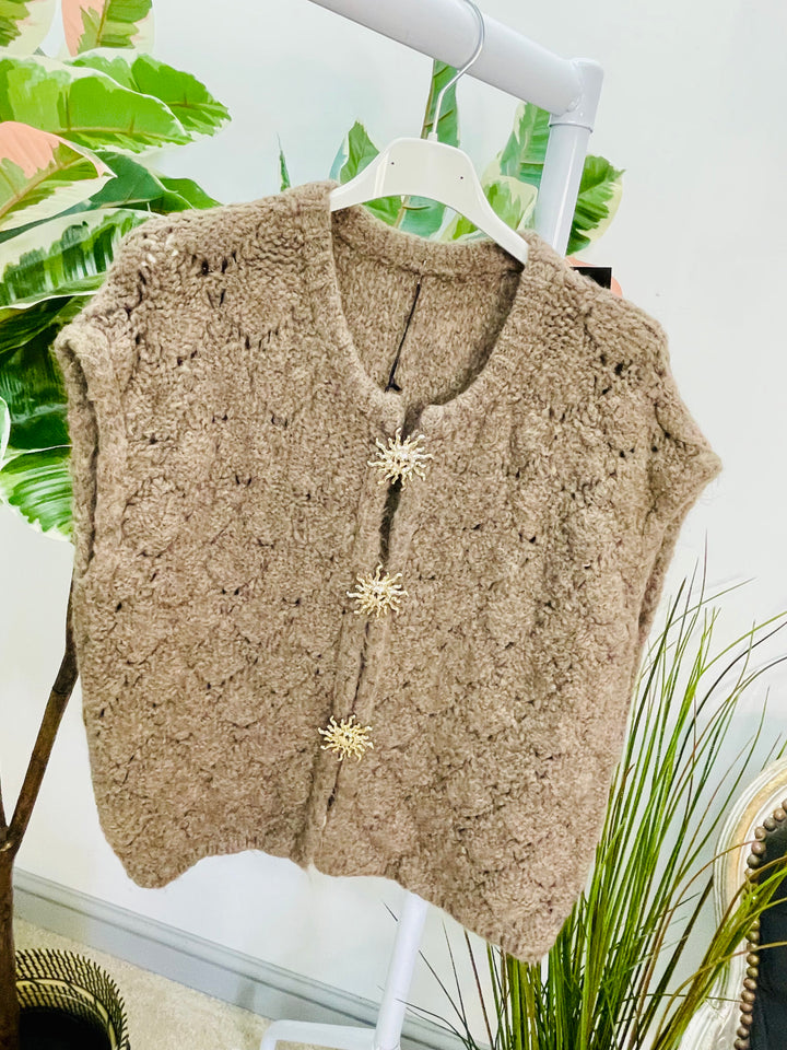 LADIES KNITTED FASHION WAISTCOAT - BLACK, CREAM, KHAKI, MOCHA & PINK