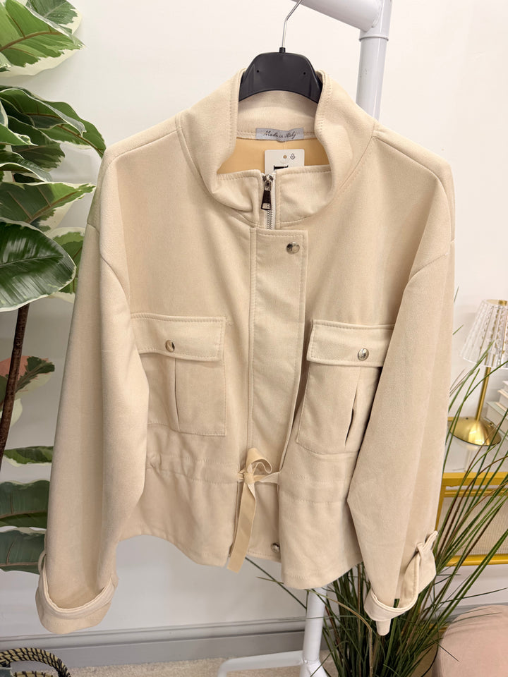 Ladies Fashion Faux Suede Short Safari Jacket - Brown, Black, Wine & Beige