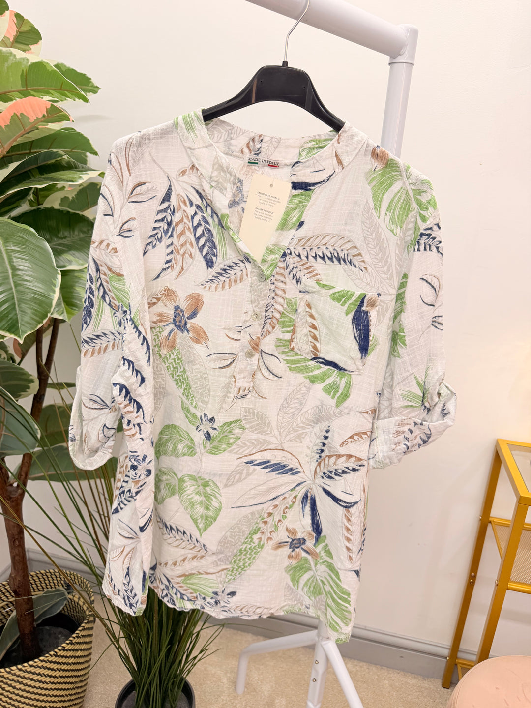 Ladies White Light Linen Leaf Print Grandad Shirt Top