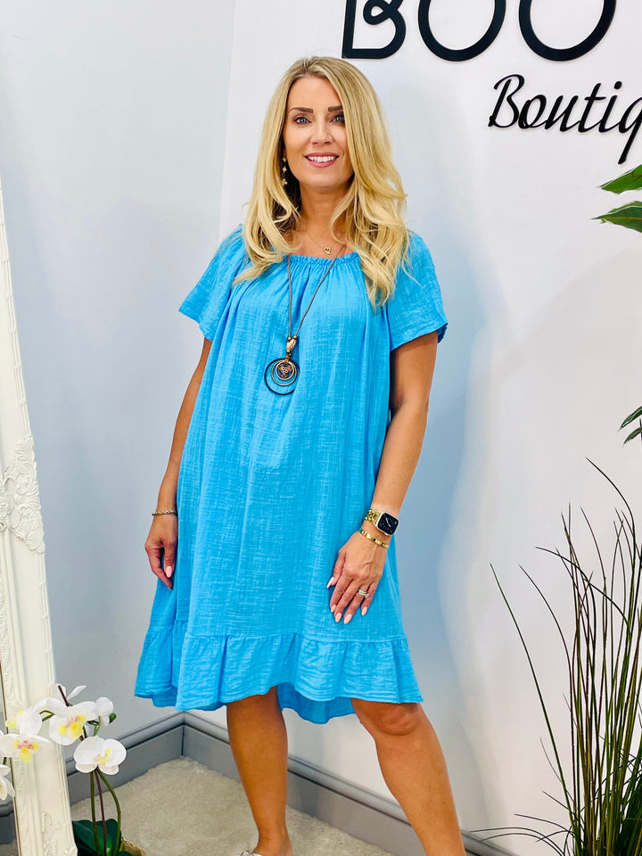 LADIES COTTON SUMMER BARDOT DRESS - BLACK, NAVY, PINK, LEMON, ORANGE, BLUE & LIME