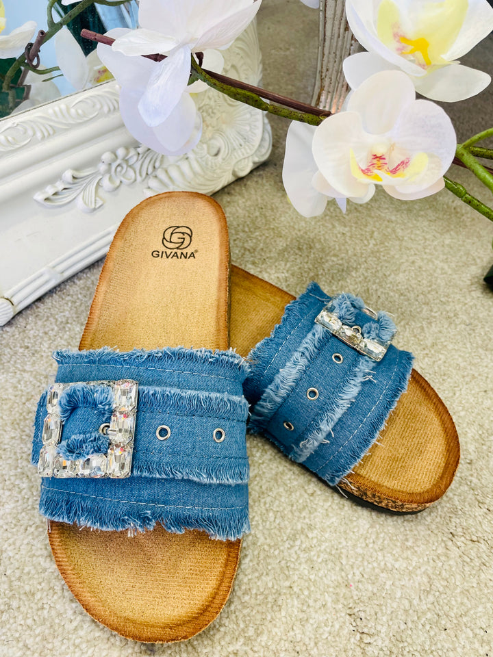 LADIES WOMENS BLUE DENIM DIAMANTE BUCKLE SLIDER SUMMER SANDALS