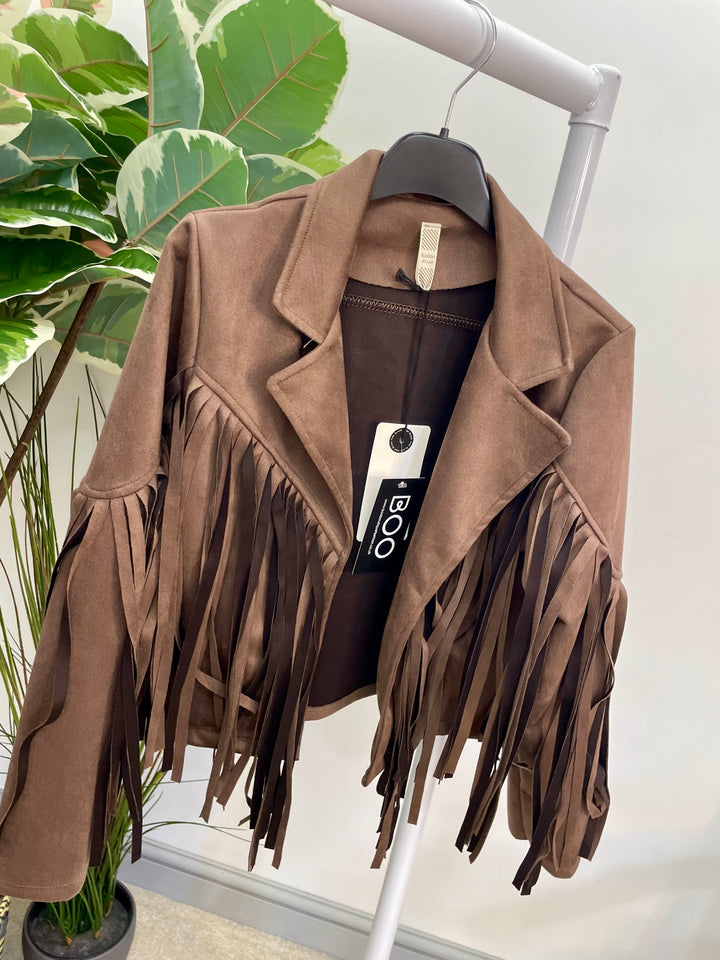 LADIES FAUX SUEDE FRINGED COWBOY BOLERO JACKET - WINE, BLACK, BEIGE & BROWN