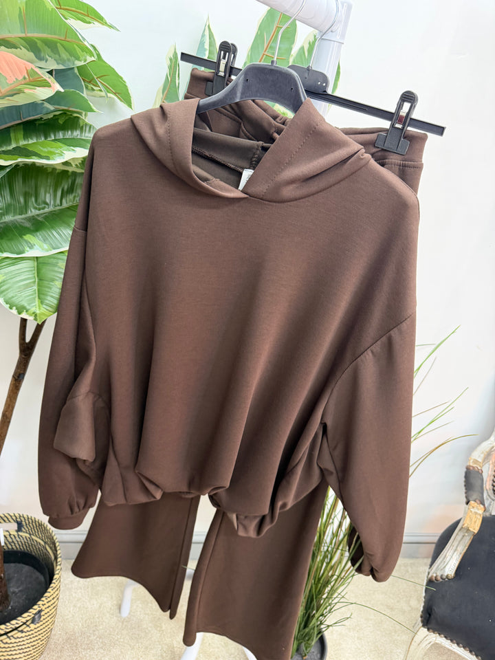Ladies Fashion Flared Leg Tracksuit Co ord set brown