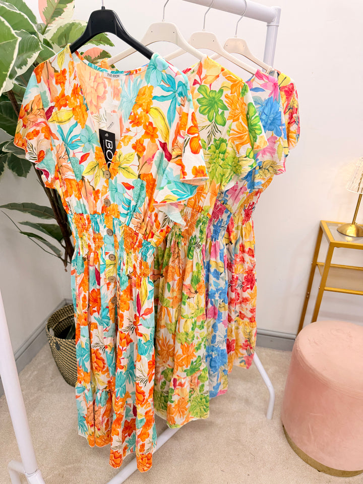 Ladies Floral Print Summer Magic Dress - Blue, Turquoise, Yellow & Green