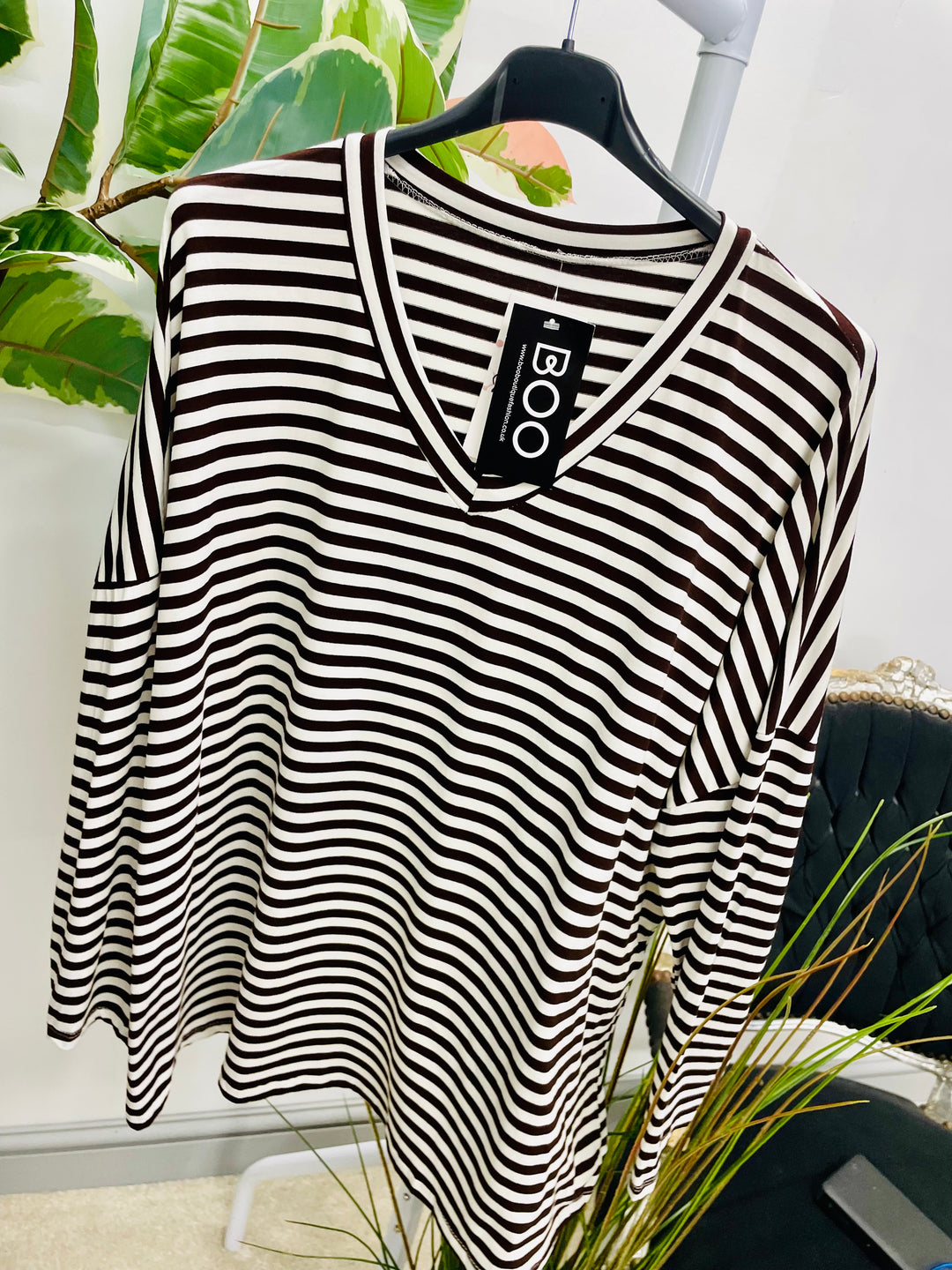 LADIES CASUAL STRIPE LOOSE FIT TOP - KHAKI, NAVY, WINE, BLACK & BROWN
