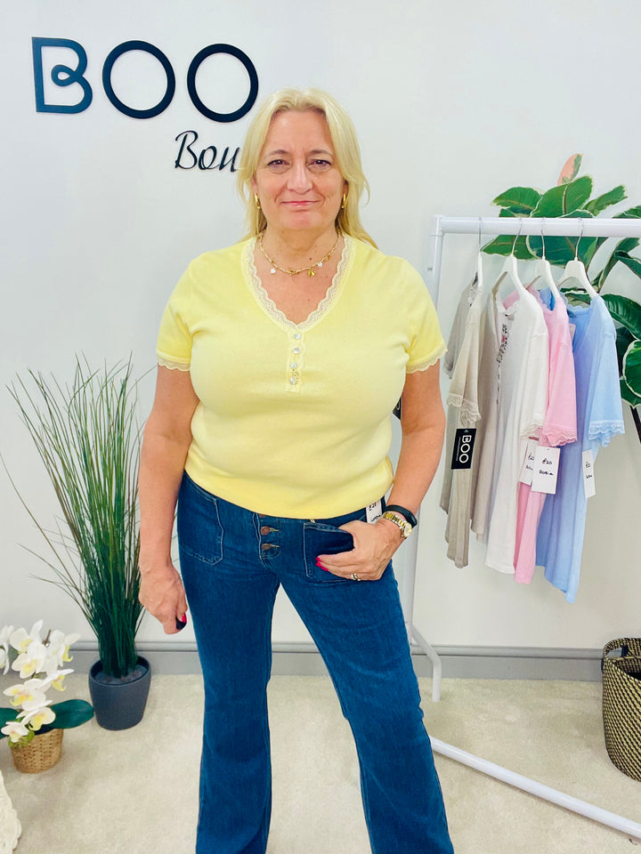 LADIES LACE EDGE STRETCH RIBBED T SHIRT WHITE, LEMON, PINK, BLUE & TAUPE