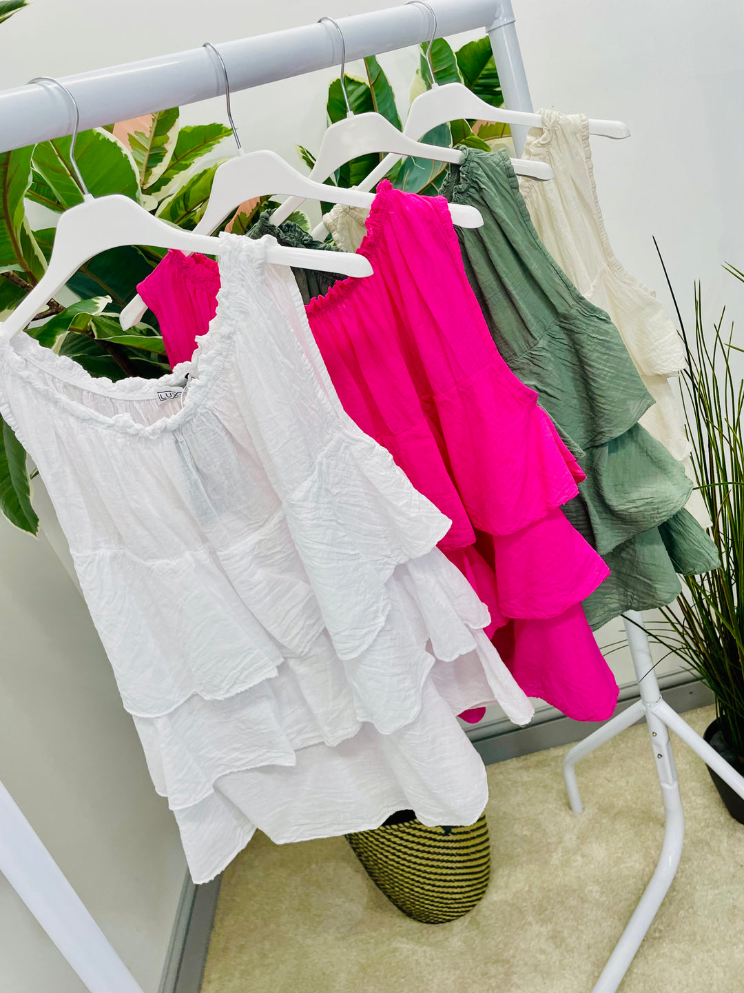 LADIES COTTON FRILL SUMMER TOP BLOUSE - WHITE, KHAKI, PINK & BEIGE