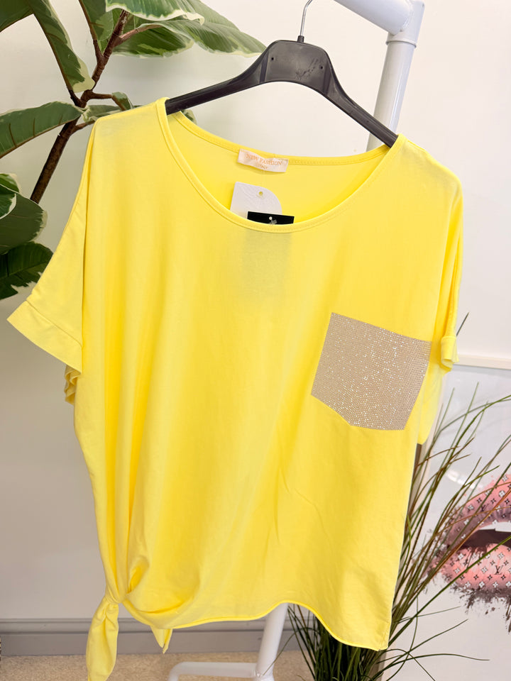 Ladies Fashion Diamante Pocket Loose Fit T Shirt - Lemon, White, Blue & Pink