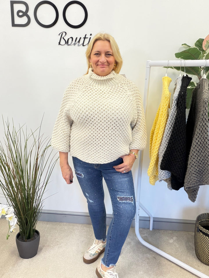LADIES CHUNKY WAFFLE KNIT JUMPER - LEMON, BEIGE, BLACK, MOCHA & GREY